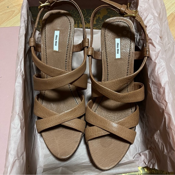 NWT Miu Miu Brown Sandals Leather Wedges Leather Heels 8.5 - Picture 2 of 15